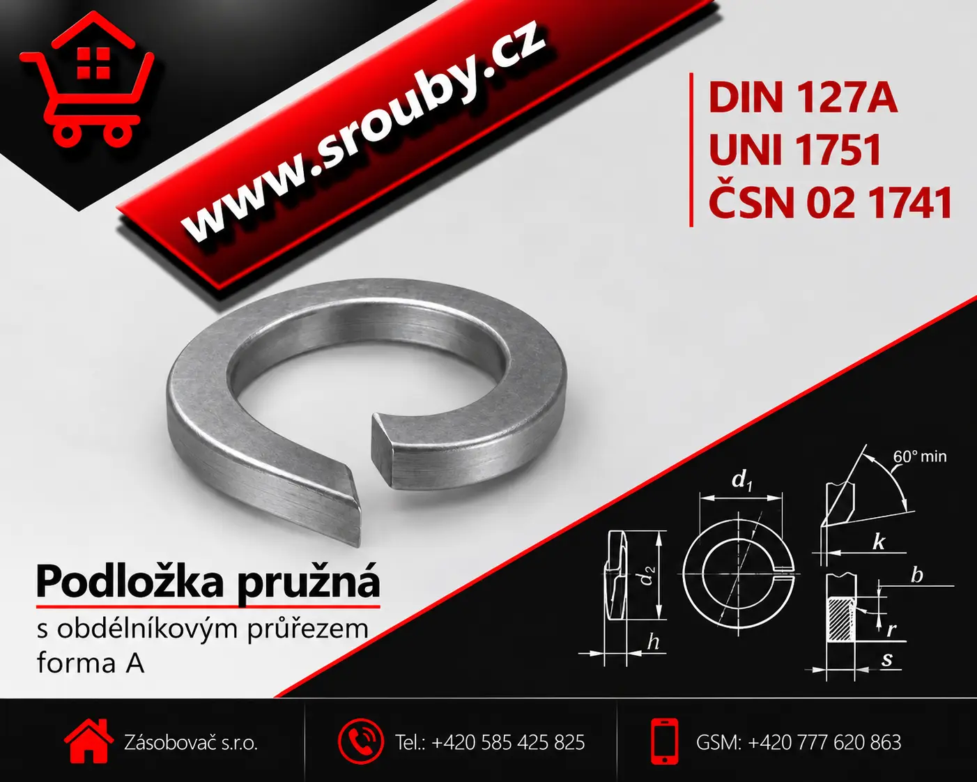 DIN 127 A - P  8,1 - Podložka pružná s obdélníkovým průřezem, forma A - zinek bílý