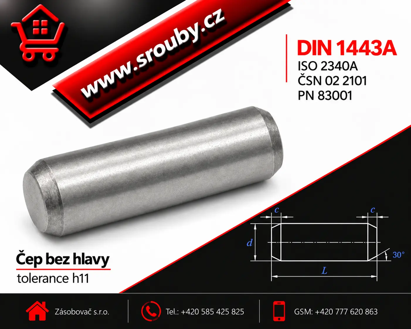 P 5x 20 DIN 1443A - A2 nerez - Čep bez hlavy, tolerance h11
