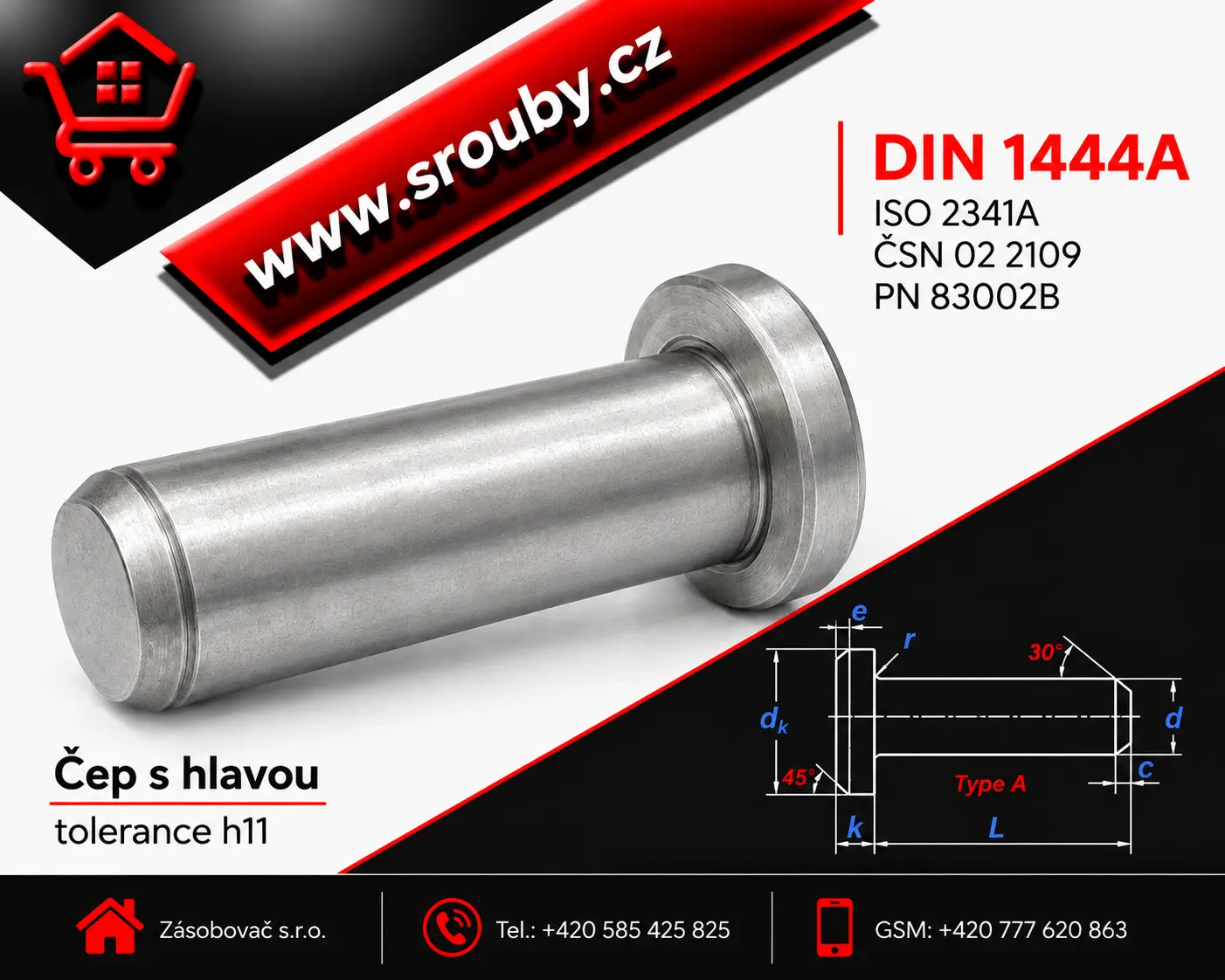 P 5x 20 DIN 1444A - A2 nerez - Čep s hlavou, tolerance h11