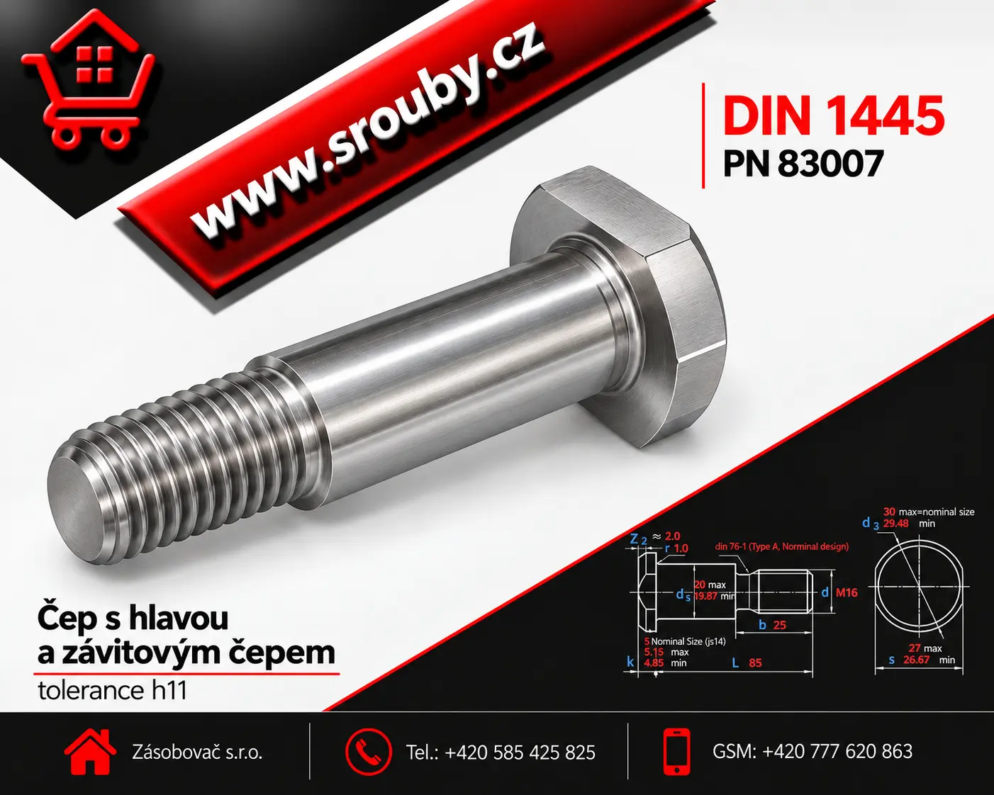 P 8x 90 DIN 1445 - ocel - zinek bílý - Čep s hlavou a závitovým čepem