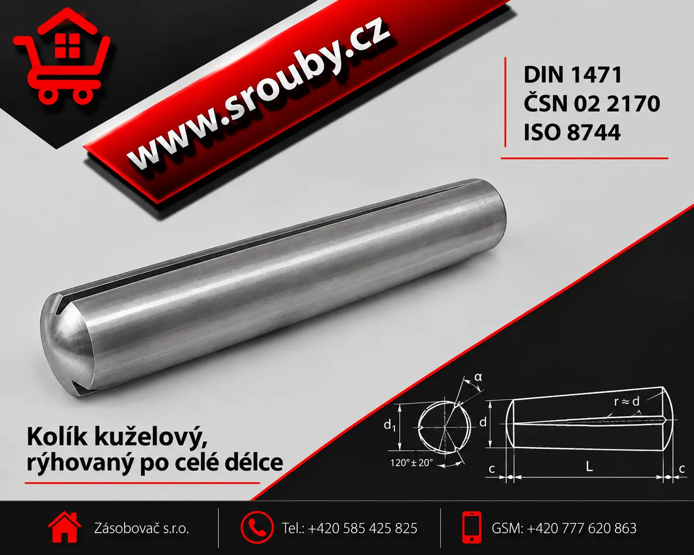 DIN 1471 P 2x  8 - ocel - Kolík kuželový, rýhovaný po celé délce