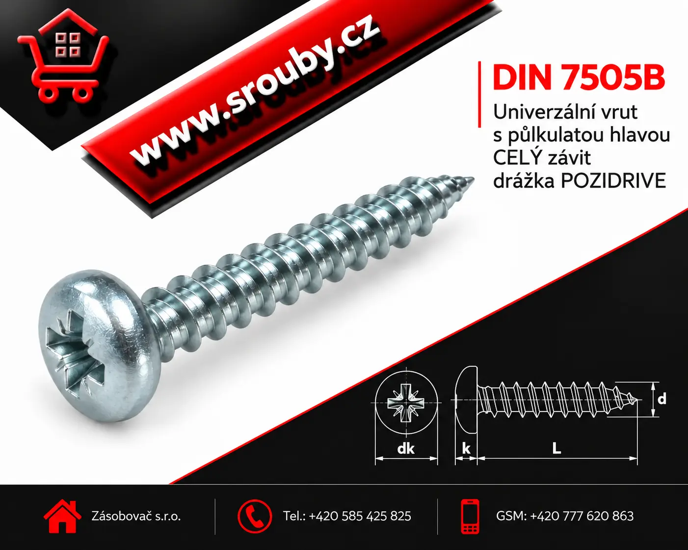 P 2,5x 12 Univerzální vrut s půlkulatou hlavou a drážkou POZIDRIVE