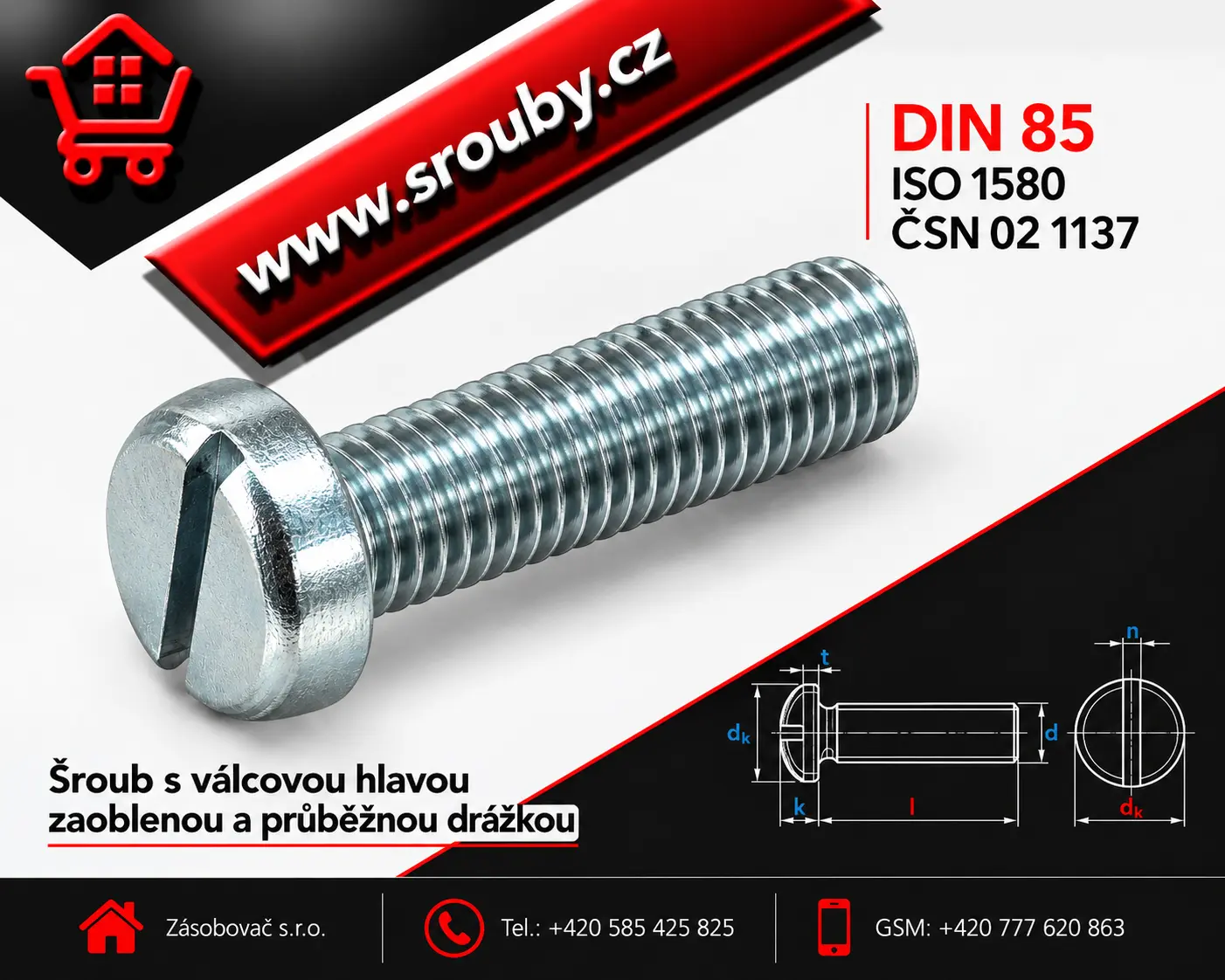 M 3,5x  5 - DIN 85 -4.8 - ZB - Šroub s válcovou hlavou zaoblenou a průběžnou drážkou